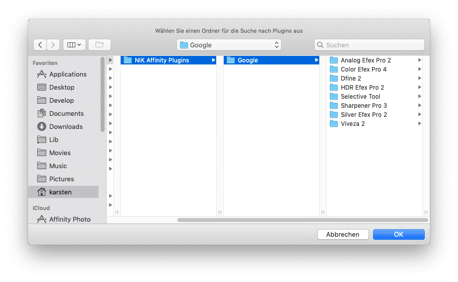 Plugins-Verzeichnis für NIK-Filter in Affinity Photo