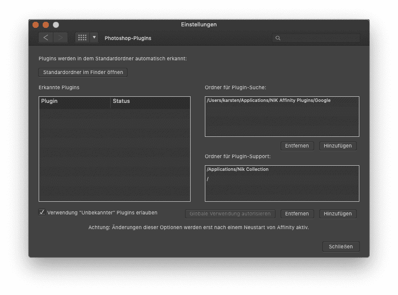 Plugin-Einstellungen in Affinity Photo