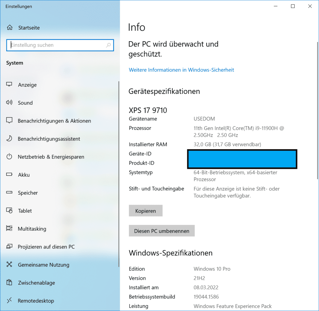 XPS-Systeminfo